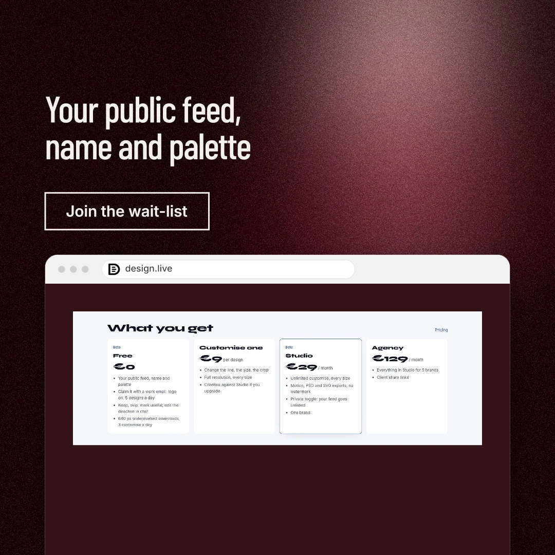Instagram post for design.live: "Your public feed, name and palette". Dark deco style, browser layout, dark palette in red, black, white.