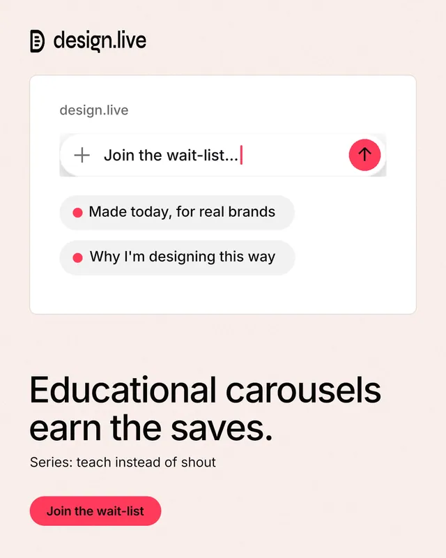 Instagram portrait post for design.live: "Educational carousels earn the saves." Data card style, bottom layout, light palette in white, red.