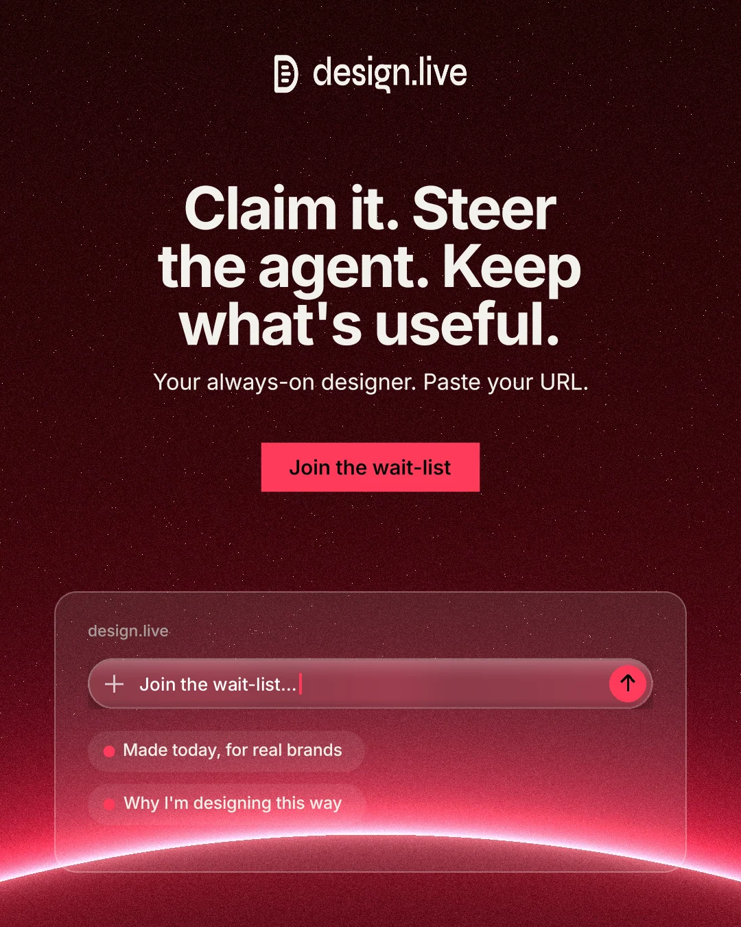 Instagram portrait post for design.live: "Claim it. Steer the agent. Keep what's useful." Swiss style, centred layout, dark palette in black, red.