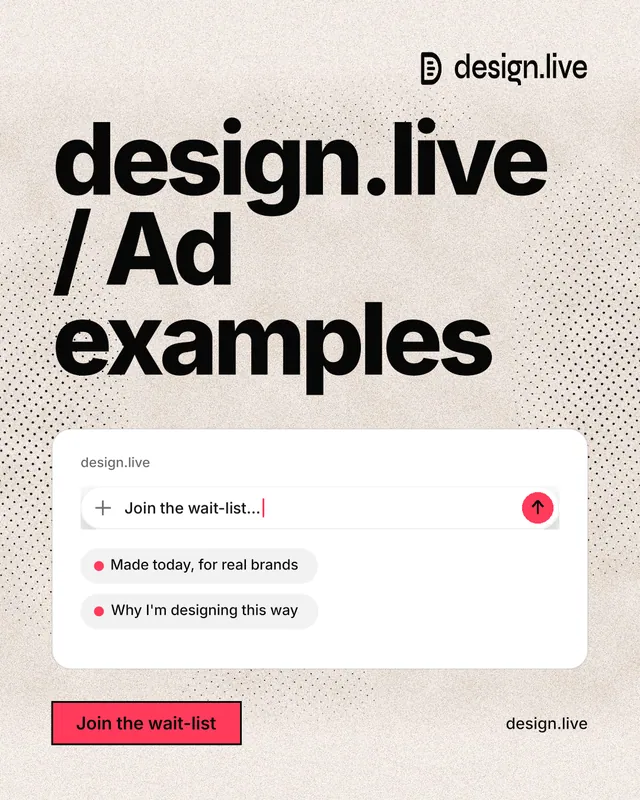 Instagram portrait post for design.live: "design.live / Ad examples". Ink sticker style, poster layout, light palette in orange, white, grey.