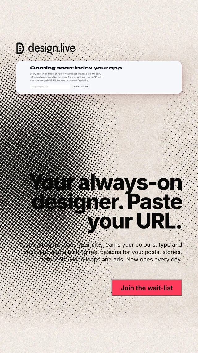 Instagram story for design.live: "Your always-on designer. Paste your URL." Ink sticker style, right layout, light palette in orange, grey, white.
