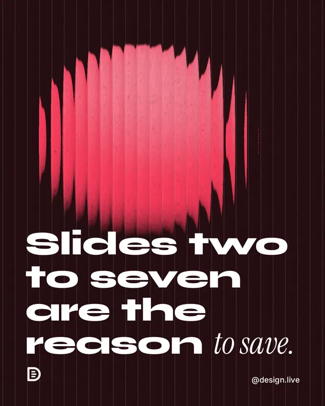 Instagram portrait post for design.live: "Slides two to seven are the reason to save." Auto 4x5 style, technique:shader field layout, dark palette in black, red.