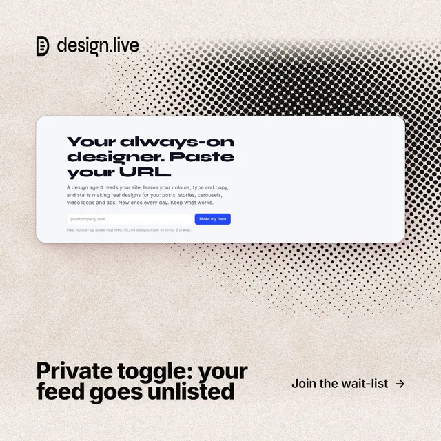 Instagram post for design.live: "Private toggle: your feed goes unlisted". Ink sticker style, image led layout, light palette in orange, grey, white.