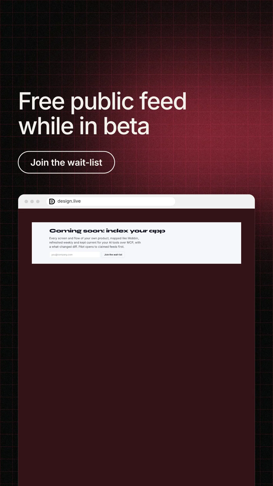 Instagram story for design.live: "Free public feed while in beta". Phosphor atlas style, browser layout, dark palette in red, black, grey.