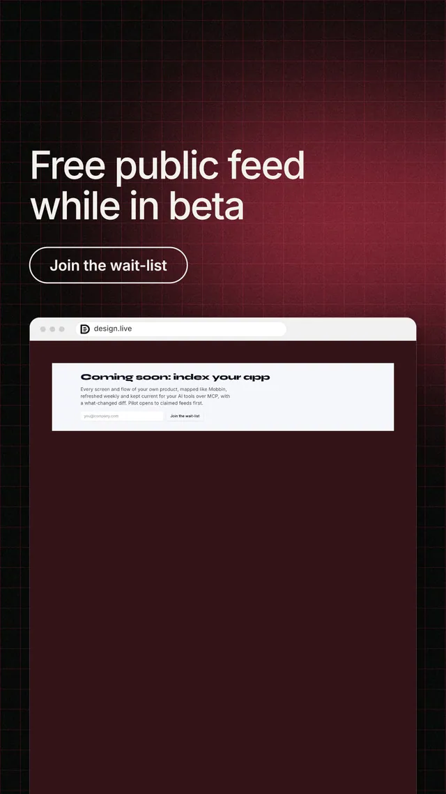 Instagram story for design.live: "Free public feed while in beta". Phosphor atlas style, browser layout, dark palette in red, black, grey.
