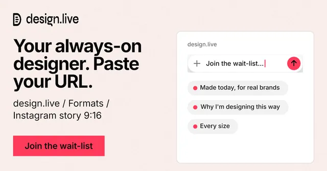 Social ad for design.live: "Your always-on designer. Paste your URL." Swiss style, bottom layout, light palette in white, red.