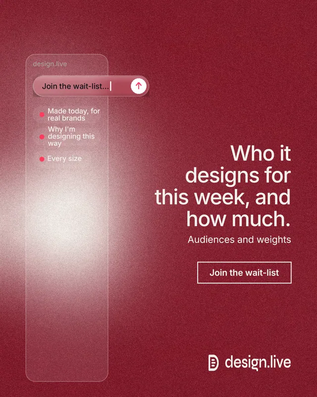 Instagram portrait post for design.live: "Who it designs for this week, and how much." Cyanotype style, right layout, dark palette in red.