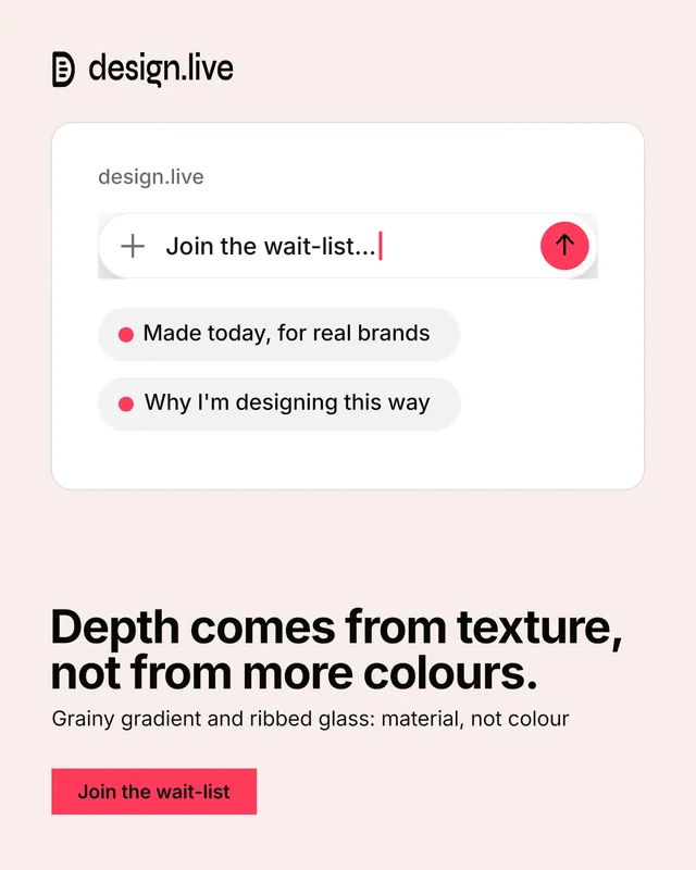 Instagram portrait post for design.live: "Depth comes from texture, not from more colours." Swiss style, bottom layout, light palette in white, red.