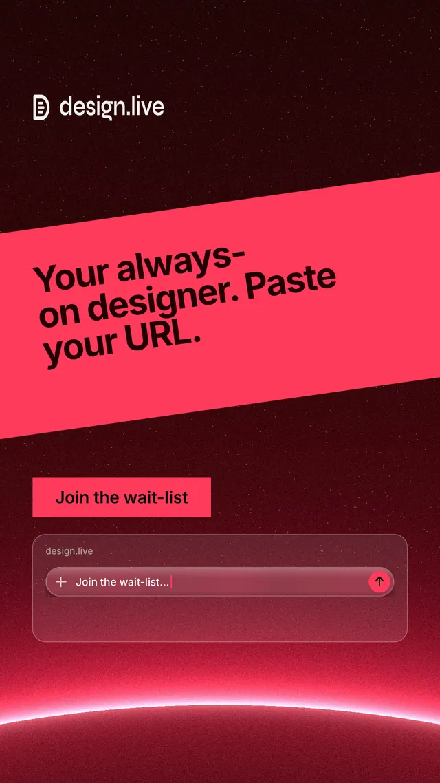 Instagram story for design.live: "Your always-on designer. Paste your URL." Swiss style, diagonal layout, dark palette in black, red.