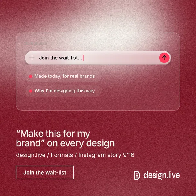 Instagram post for design.live: "“Make this for my brand” on every design". Cyanotype style, bottom layout, dark palette in red.
