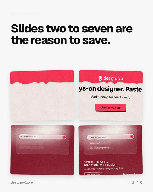 Carousel for design.live: "Slides two to seven are the reason to save.". Collection carousel, 8 slides, light palette.