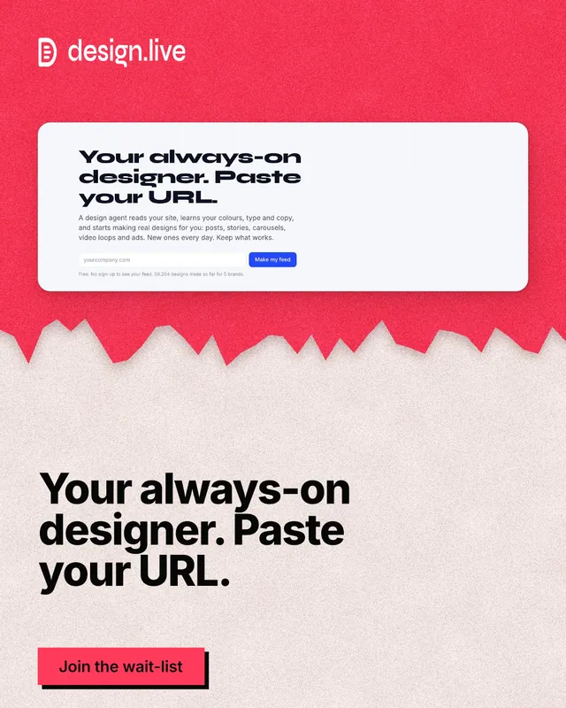 Instagram portrait post for design.live: "Your always-on designer. Paste your URL." Paper trio style, bottom layout, light palette in red, orange, white.