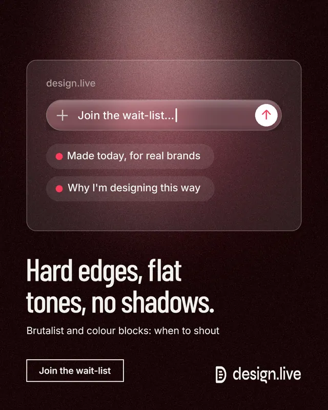 Instagram portrait post for design.live: "Hard edges, flat tones, no shadows." Dark deco style, bottom layout, dark palette in black, red, grey.