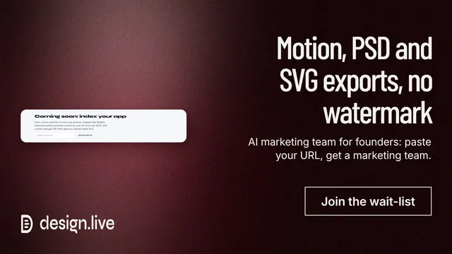 Landscape graphic for design.live: "Motion, PSD and SVG exports, no watermark". Dark deco style, right layout, dark palette in red, black, grey.