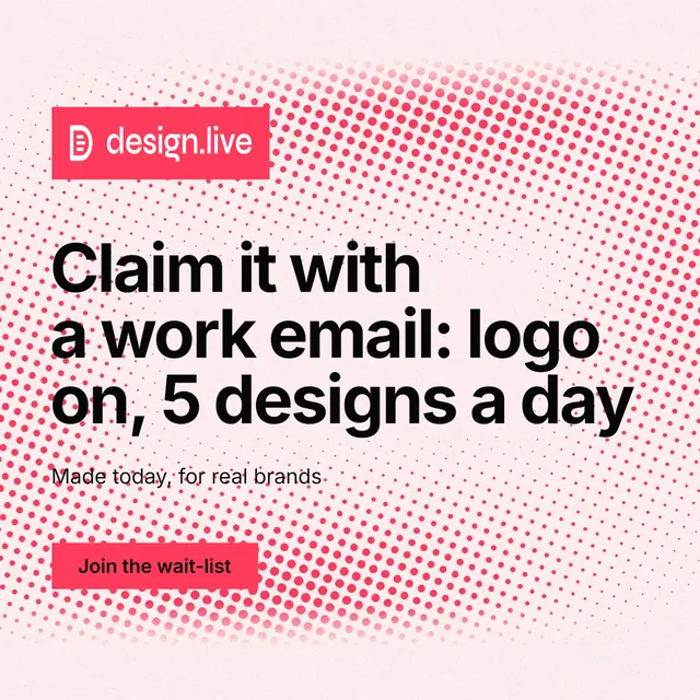 Instagram post for design.live: "Claim it with a work email: logo on, 5 designs a day". Swiss style, announce layout, light palette in red, white.