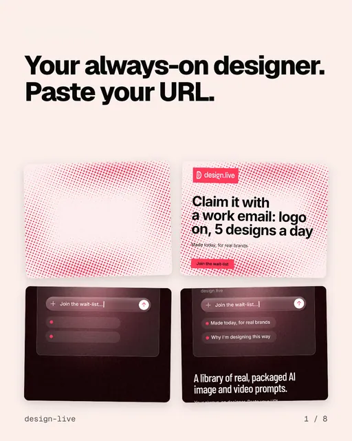 Carousel for design.live: "Your always-on designer. Paste your URL.". Collection carousel, 8 slides, light palette.