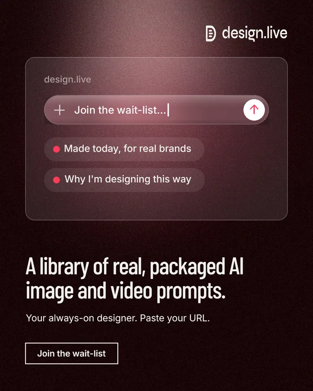 Instagram portrait post for design.live: "A library of real, packaged AI image and video prompts." Dark deco style, bottom layout, dark palette in black, red, grey.