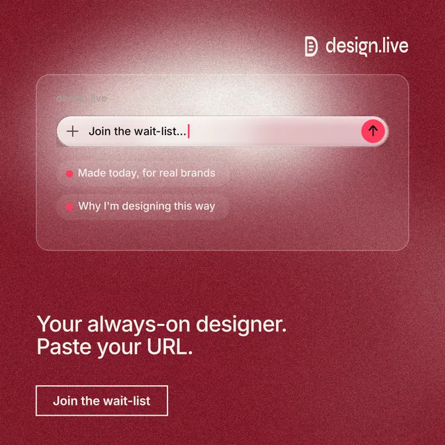 Instagram post for design.live: "Your always-on designer. Paste your URL." Cyanotype style, bottom layout, dark palette in red.