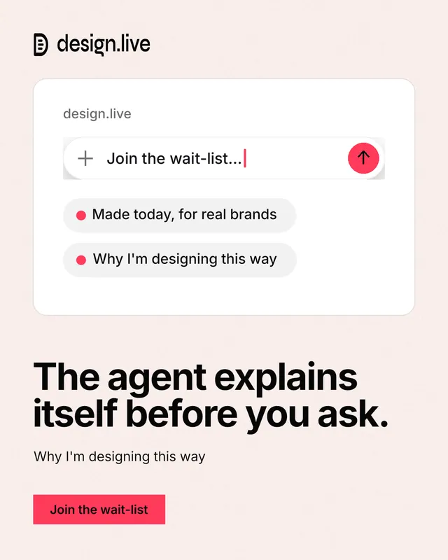 Instagram portrait post for design.live: "The agent explains itself before you ask." Swiss style, bottom layout, light palette in white, red.