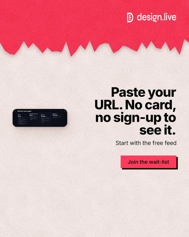 Instagram portrait post for design.live: "Paste your URL. No card, no sign-up to see it." Paper trio style, right layout, light palette in orange, red.