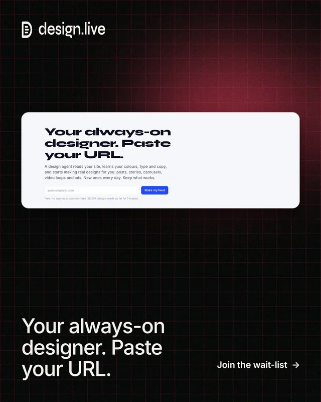 Instagram portrait post for design.live: "Your always-on designer. Paste your URL." Phosphor atlas style, image led layout, dark palette in black, white, grey.