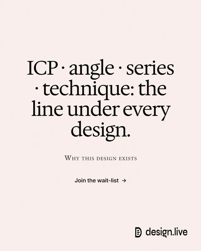Instagram portrait post for design.live: "ICP · angle · series · technique: the line under every design." Data card style, smallcaps layout, light palette in white.