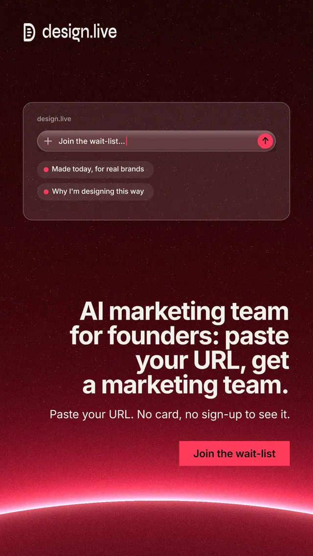 Instagram story for design.live: "AI marketing team for founders: paste your URL, get a marketing team." Swiss style, right layout, dark palette in black, red.