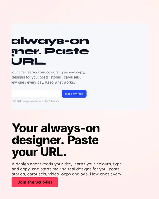Video for design.live: "Your always-on designer. Paste your URL.". Doc motion loop, 6.0 s, light palette.