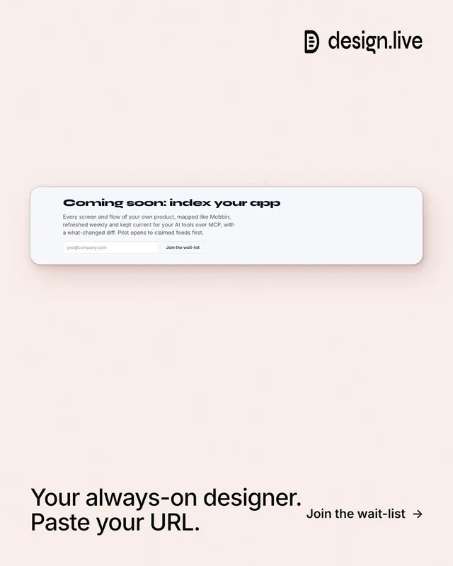 Instagram portrait post for design.live: "Your always-on designer. Paste your URL." Data card style, image led layout, light palette in white, red.