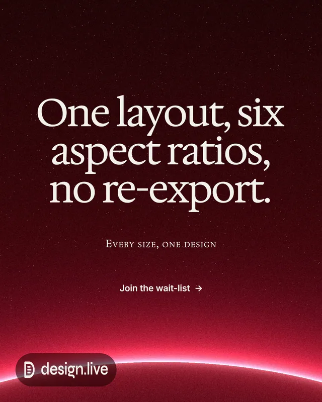 Instagram portrait post for design.live: "One layout, six aspect ratios, no re-export." Swiss style, smallcaps layout, dark palette in black, red.