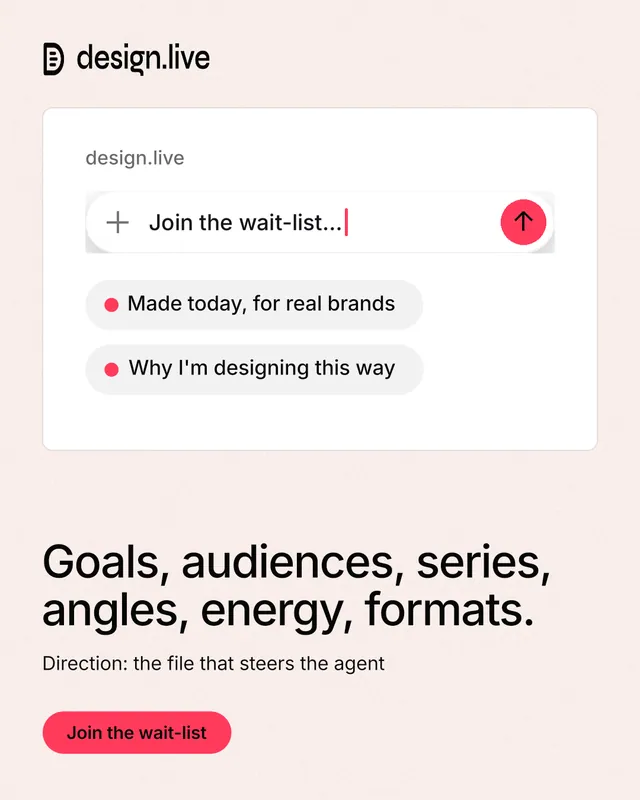 Instagram portrait post for design.live: "Goals, audiences, series, angles, energy, formats." Data card style, bottom layout, light palette in white, red.