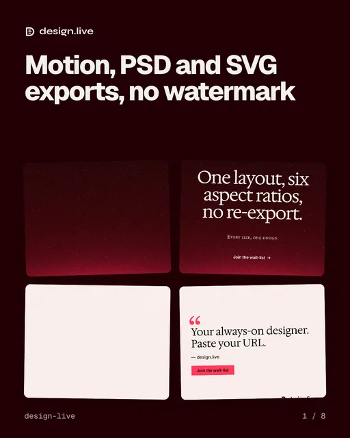 Carousel for design.live: "Motion, PSD and SVG exports, no watermark". Collection carousel, 8 slides, dark palette.