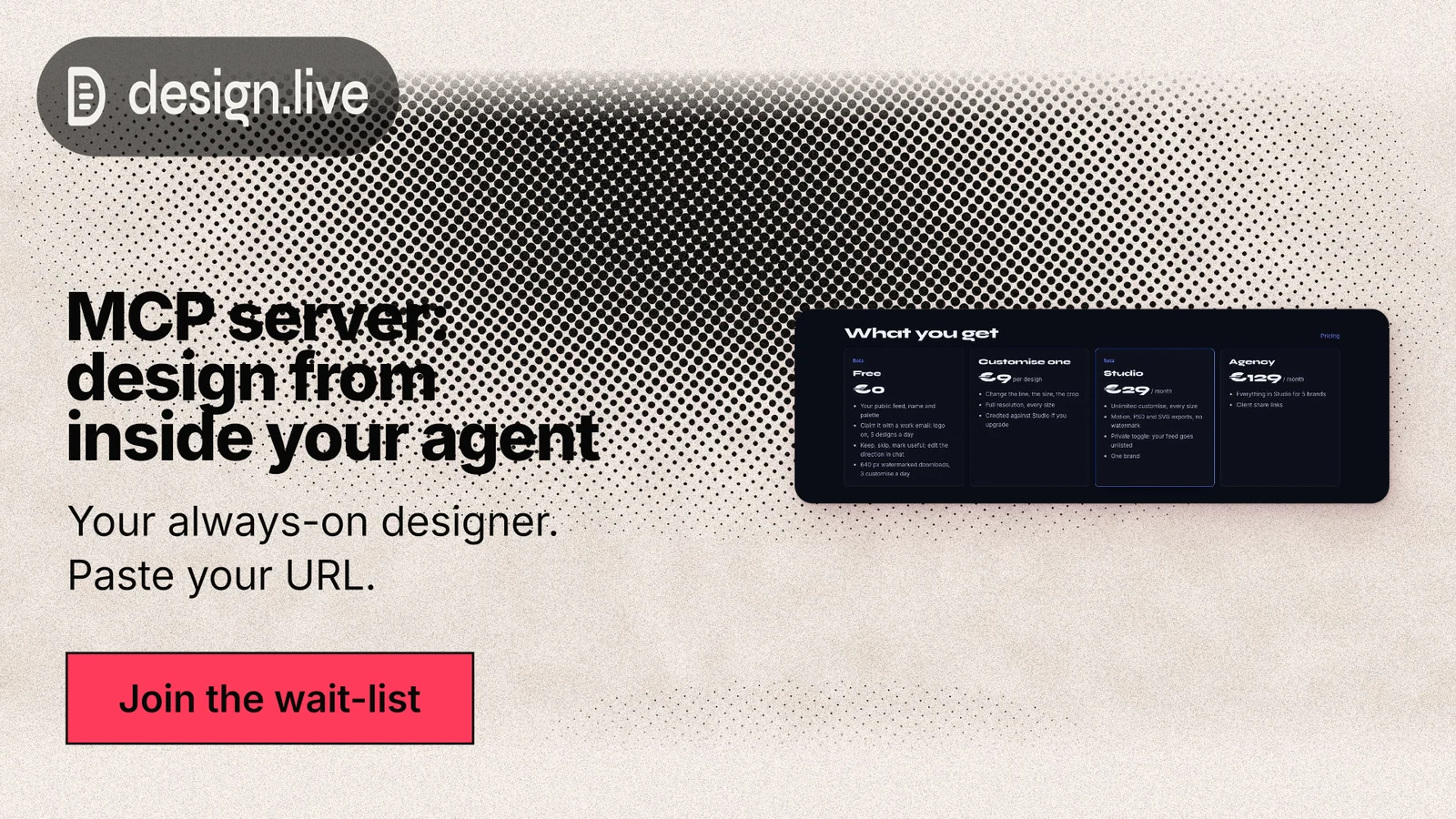Landscape graphic for design.live: "MCP server: design from inside your agent". Ink sticker style, bottom layout, light palette in black, orange, grey.