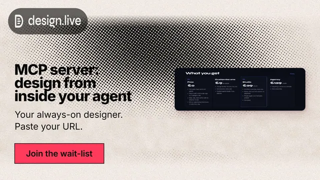 Landscape graphic for design.live: "MCP server: design from inside your agent". Ink sticker style, bottom layout, light palette in black, orange, grey.