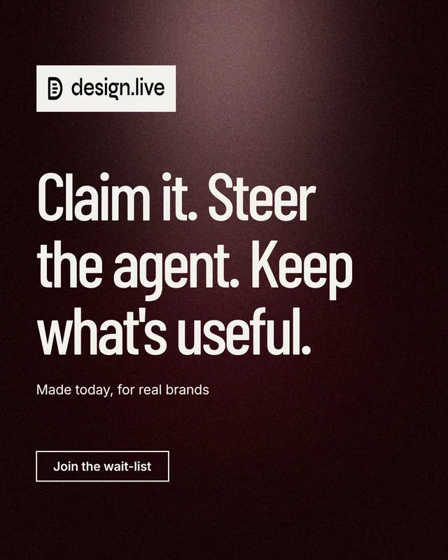 Instagram portrait post for design.live: "Claim it. Steer the agent. Keep what's useful." Dark deco style, announce layout, dark palette in red, black, grey.