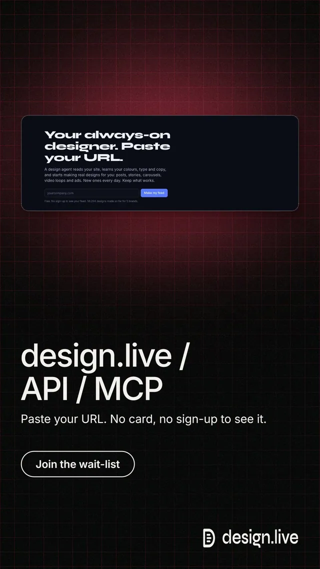 Instagram story for design.live: "design.live / API / MCP". Phosphor atlas style, bottom layout, dark palette in black, red.