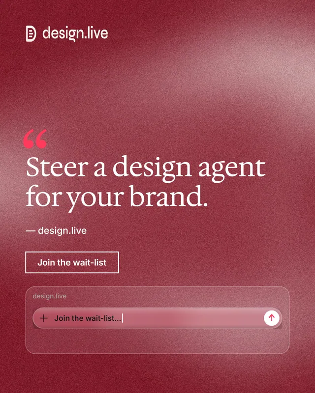 Instagram portrait post for design.live: "Steer a design agent for your brand." Cyanotype style, quote layout, dark palette in red.