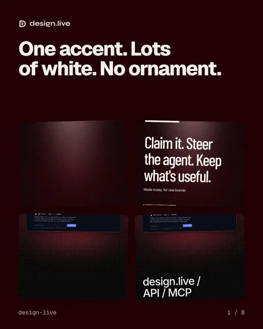 Carousel for design.live: "One accent. Lots of white. No ornament.". Collection carousel, 8 slides, dark palette.