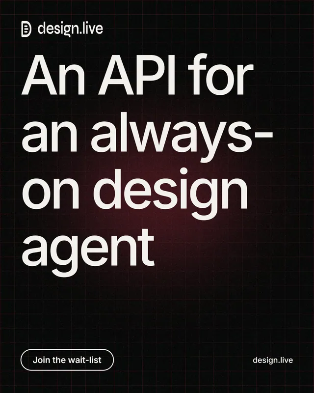 Instagram portrait post for design.live: "An API for an always-on design agent". Phosphor atlas style, poster layout, dark palette in black, grey.