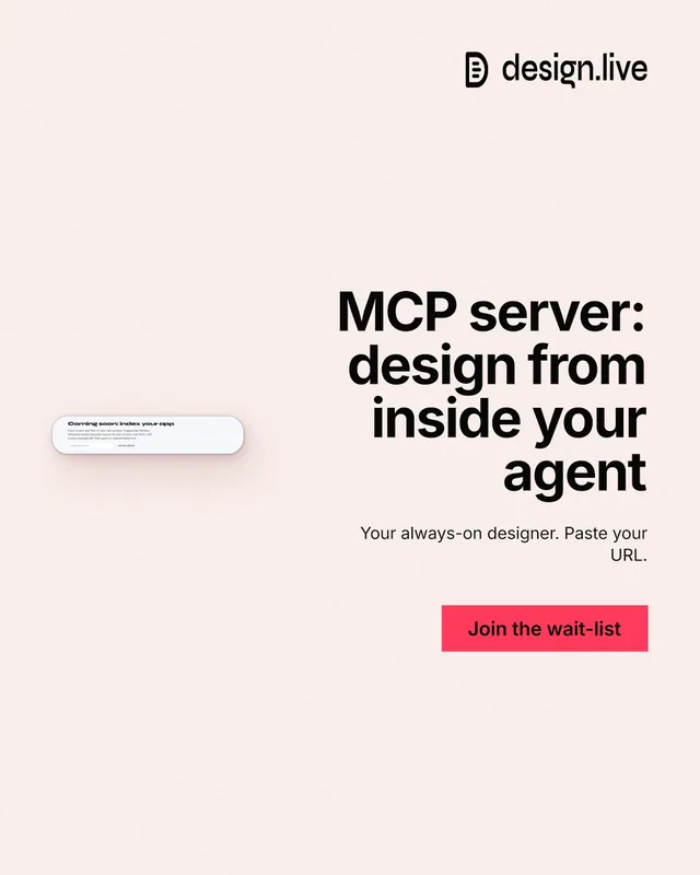 Instagram portrait post for design.live: "MCP server: design from inside your agent". Swiss style, right layout, light palette in white, red.