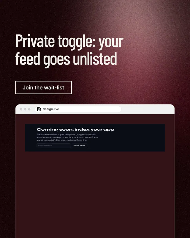 Instagram portrait post for design.live: "Private toggle: your feed goes unlisted". Dark deco style, browser layout, dark palette in red, black, grey.