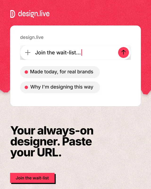 Instagram portrait post for design.live: "Your always-on designer. Paste your URL." Paper trio style, bottom layout, light palette in orange, red, white.