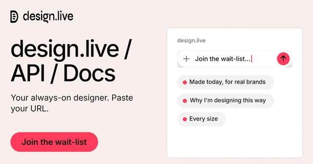 Social ad for design.live: "design.live / API / Docs". Data card style, bottom layout, light palette in white, red.