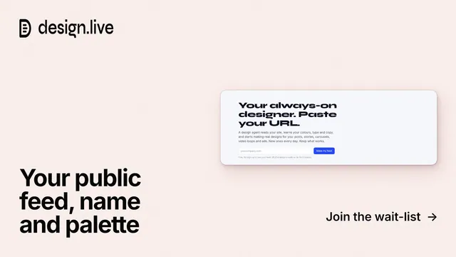 Landscape graphic for design.live: "Your public feed, name and palette". Swiss style, image led layout, light palette in white.