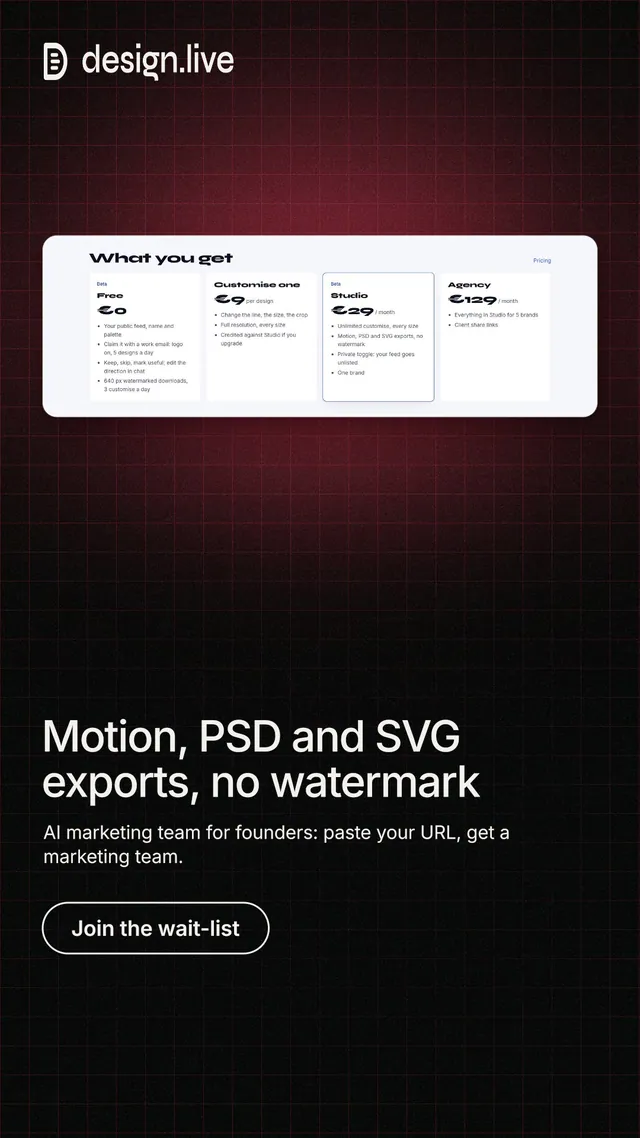 Instagram story for design.live: "Motion, PSD and SVG exports, no watermark". Phosphor atlas style, bottom layout, dark palette in red, black, grey.