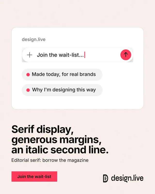 Instagram portrait post for design.live: "Serif display, generous margins, an italic second line." Swiss style, bottom layout, light palette in white, red.
