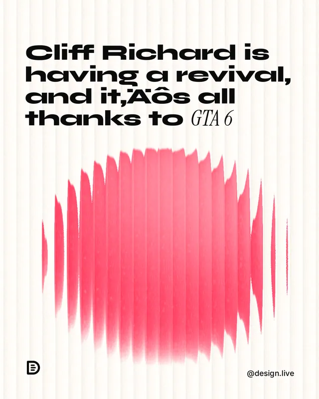 Instagram portrait post for design.live: "Cliff Richard is having a revival, and it‚Äôs all thanks to GTA 6". Auto 4x5 style, technique:shader field layout, light palette in red, white.