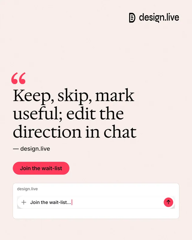Instagram portrait post for design.live: "Keep, skip, mark useful; edit the direction in chat". Data card style, quote layout, light palette in white, red.