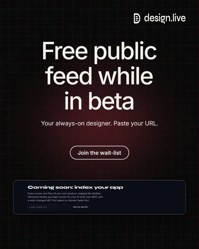 Instagram portrait post for design.live: "Free public feed while in beta". Phosphor atlas style, centred layout, dark palette in black, grey.