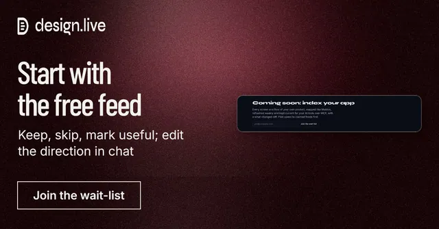 Social ad for design.live: "Start with the free feed". Dark deco style, bottom layout, dark palette in black, red.